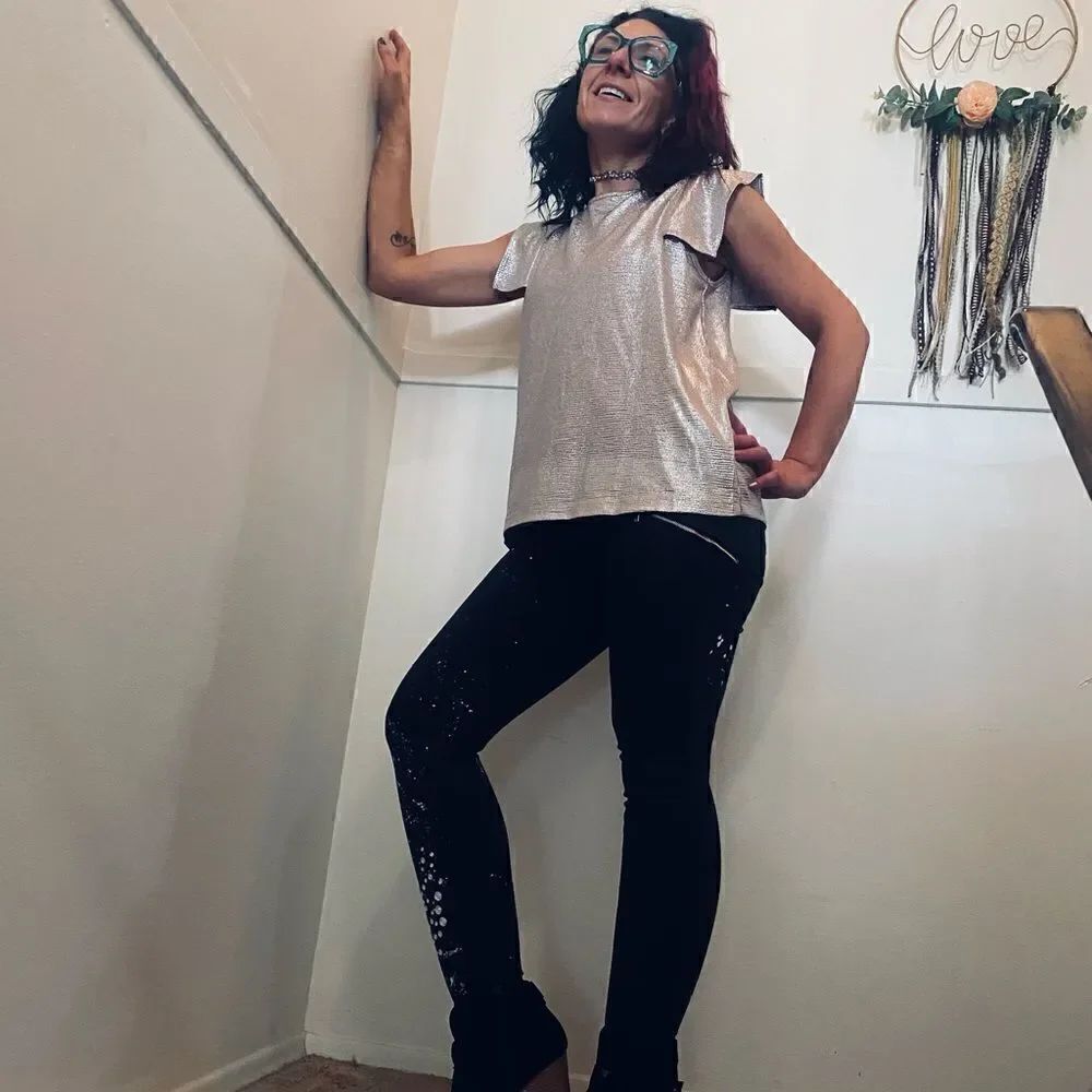 Custom DYNDNM Kate Upcycled Size 27 Black + White Paint Splatter Motto Jeggings